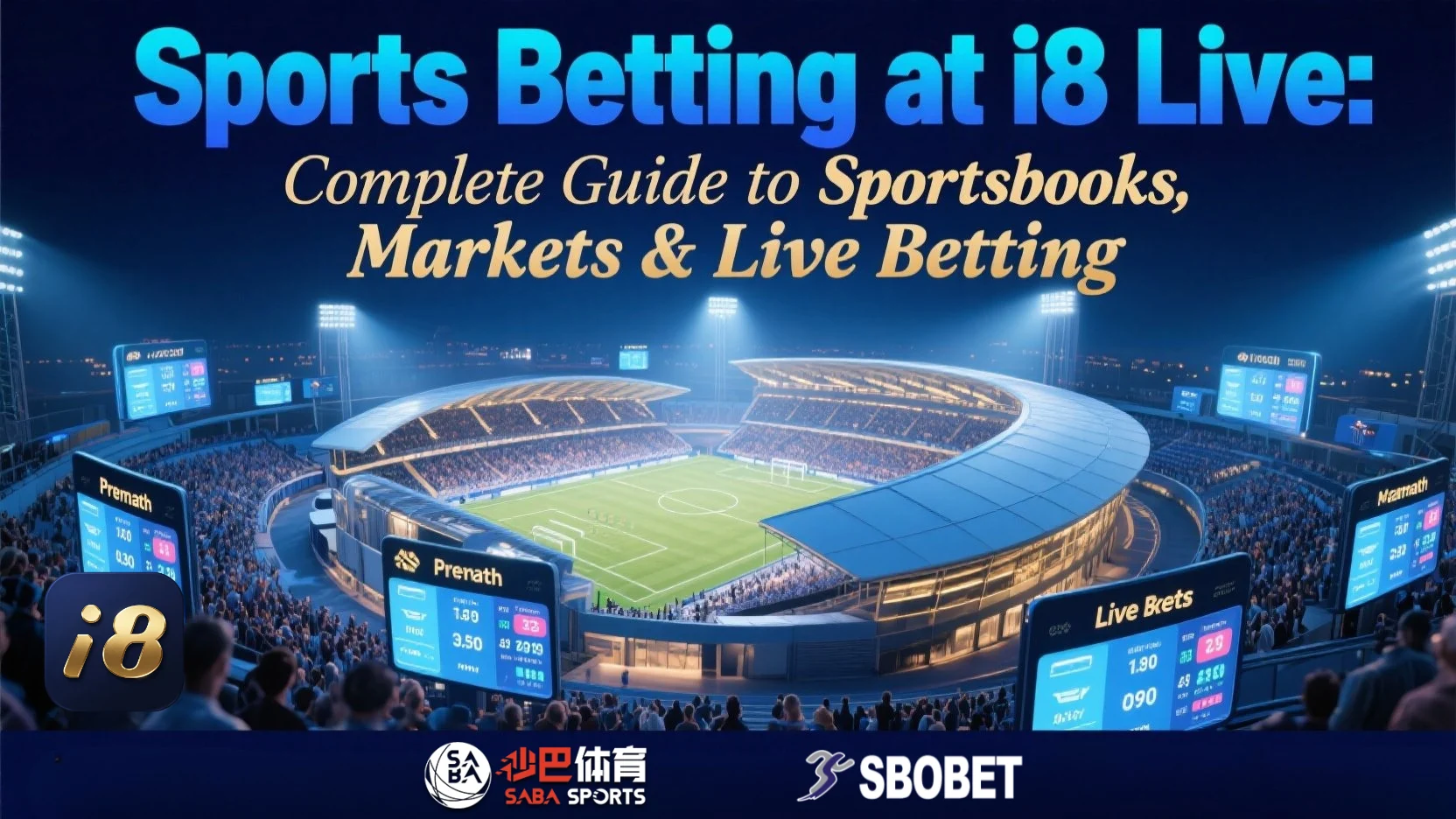 Stadium filled with spectators, featuring sports betting screens. Vibrant blue hues. Text: "Sports Betting at i8 Live: Complete Guide."