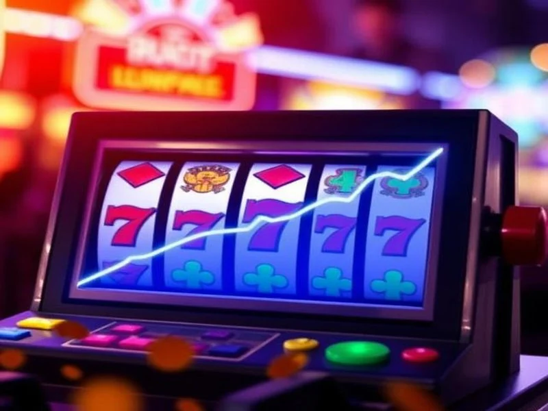 Slot machine with spinning reels showing red sevens. Bright, colorful casino background with neon lights. Energetic, vibrant mood.