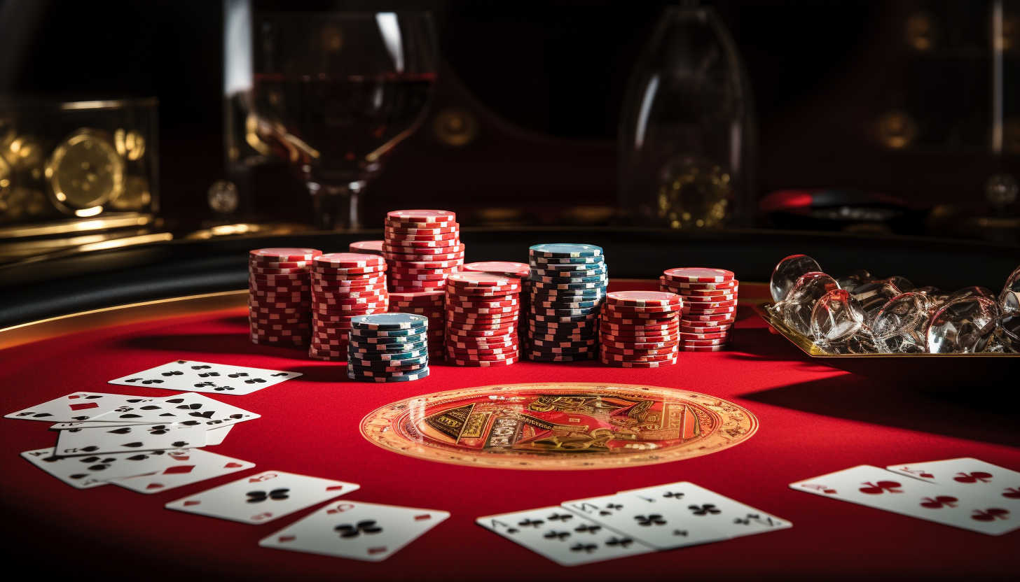 A casino table filled with chips and poker card