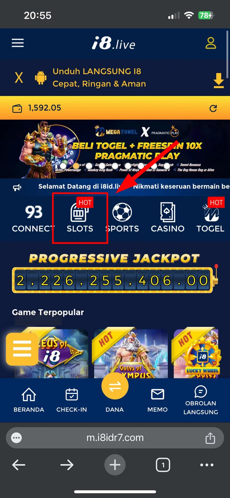 Tangkapan Layar Tutorial Cara Menemukan "Zeus of i8 Live: Gates of Olympus" di Halaman Beranda i8 Live