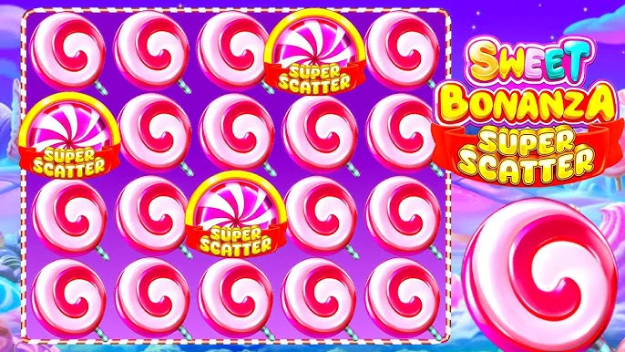 Colorful image of swirling lollipops on a purple background. "Sweet Bonanza Super Scatter" text in bright letters. Playful and vibrant theme.