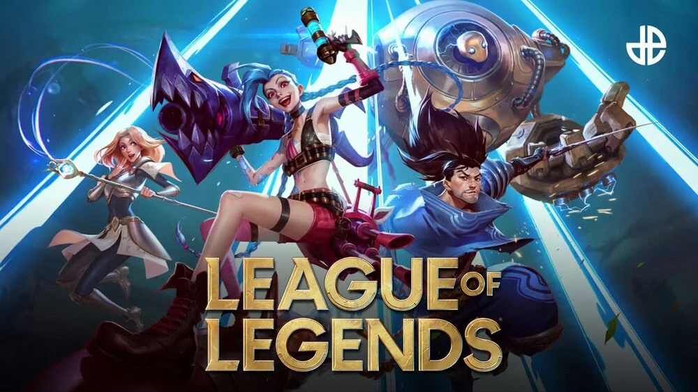 Characters in dynamic poses with weapons against a vibrant energy-filled background. Text: League of Legends. Bright, action-packed scene.