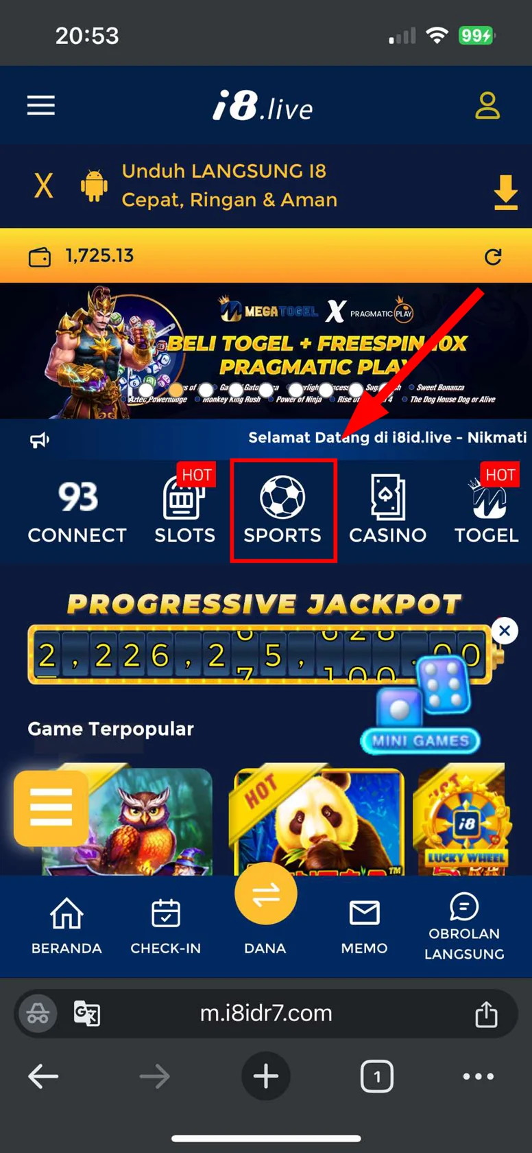 How to locate Sports section on i8 Live official site