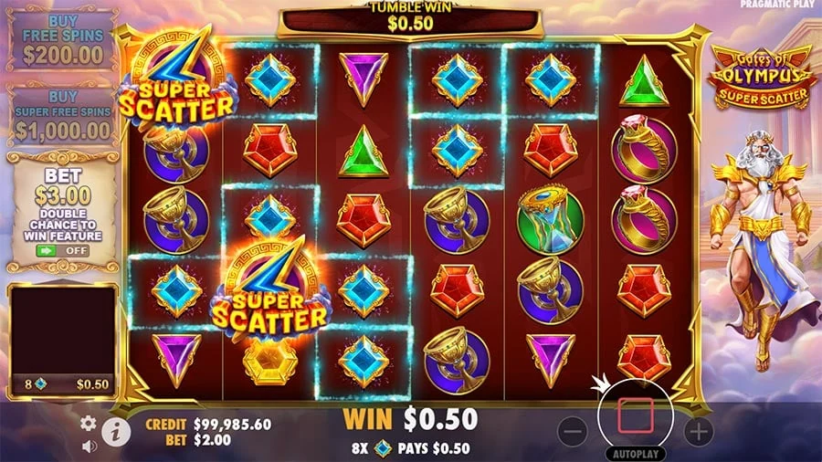 A colorful slot game screen with gems, rings, and a Zeus figure. Text displays "Super Scatter," "Win $0.50," with betting options on the left.