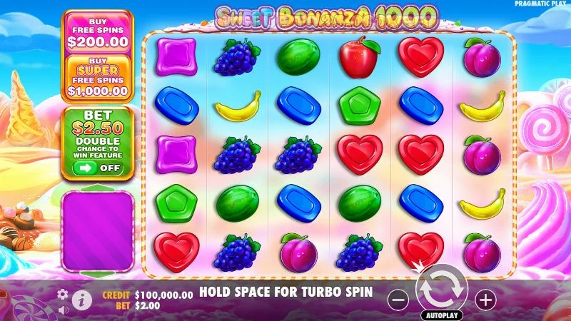 Colorful slot game screen with fruit and candy symbols. Text offers free spins and bet options. Bright candy land background.
