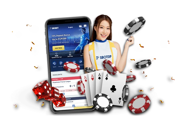 SBOBET Vector art with casino dealer and SBOBET Phone application showcase.