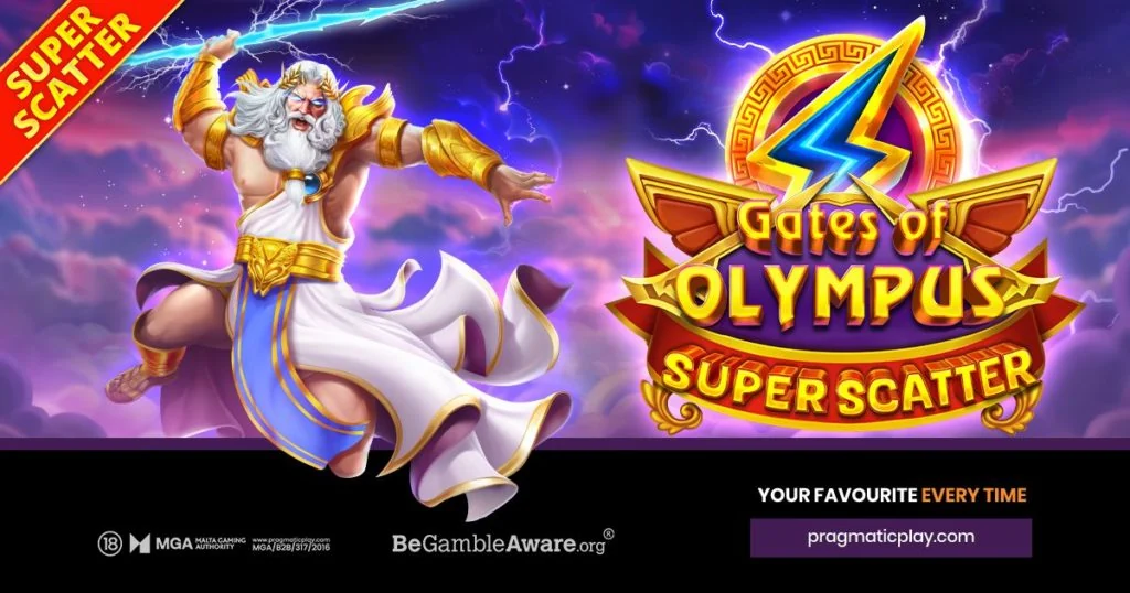 Ancient figure with lightning bolt and colorful robe leaps dynamically. Text: Gates of Olympus Super Scatter. Vivid purple sky backdrop.