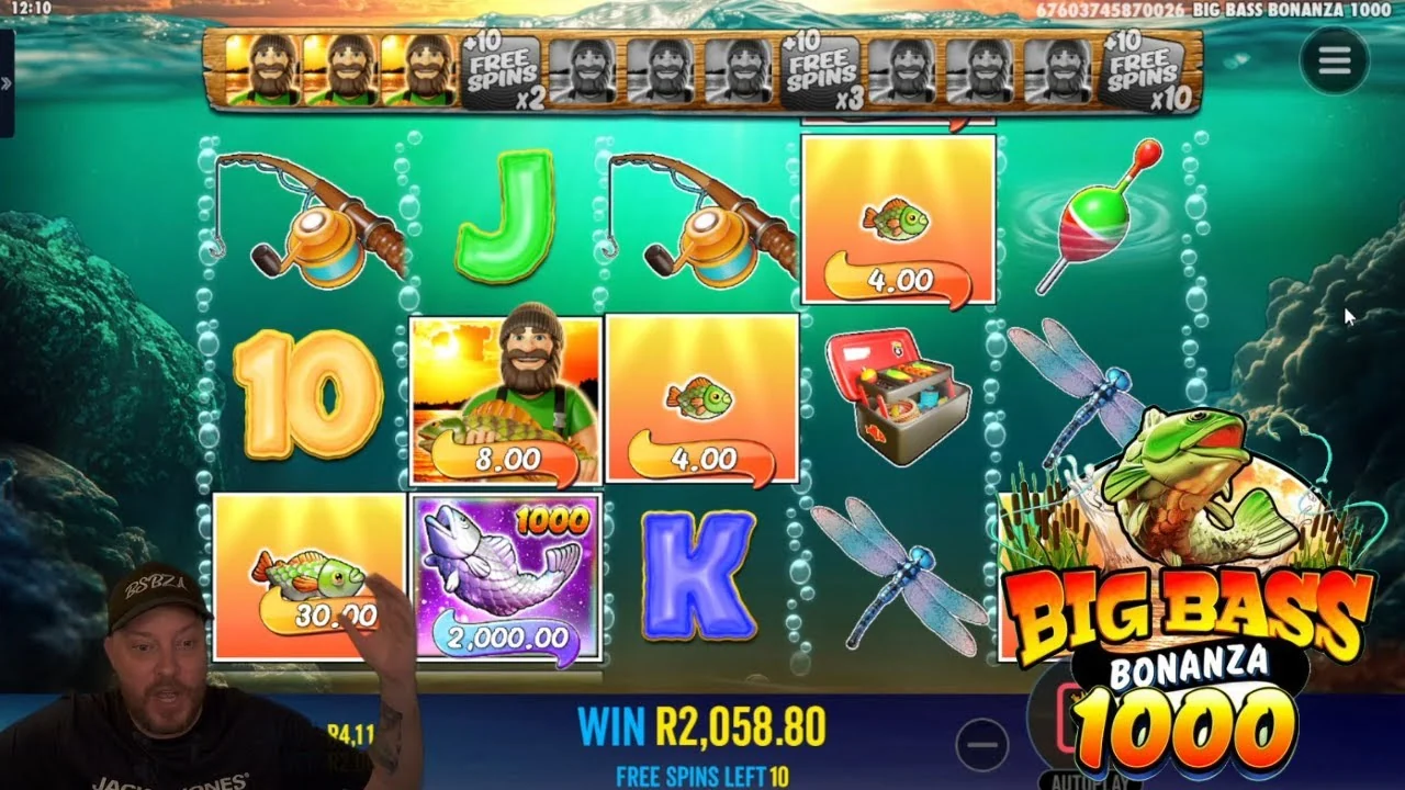 Slot game screen of "Big Bass Bonanza 1000" with vibrant underwater theme. Text shows a win of R2,058.80. Man appears in lower left.