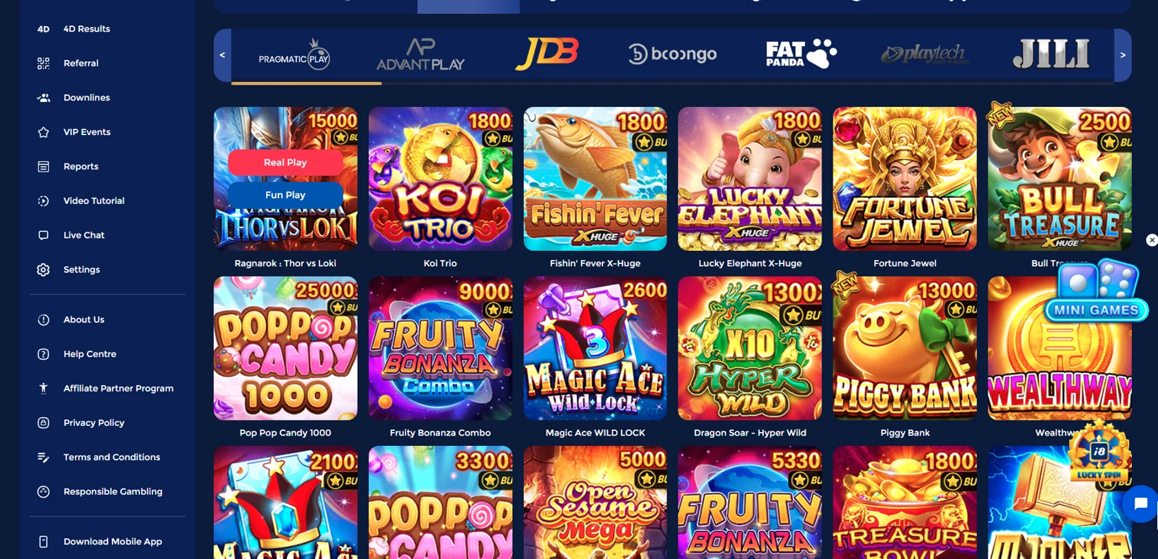Online casino game interface with vibrant game icons like Thor vs Loki, Koi Trio, and Piggy Bank. Sidebar with navigation options.