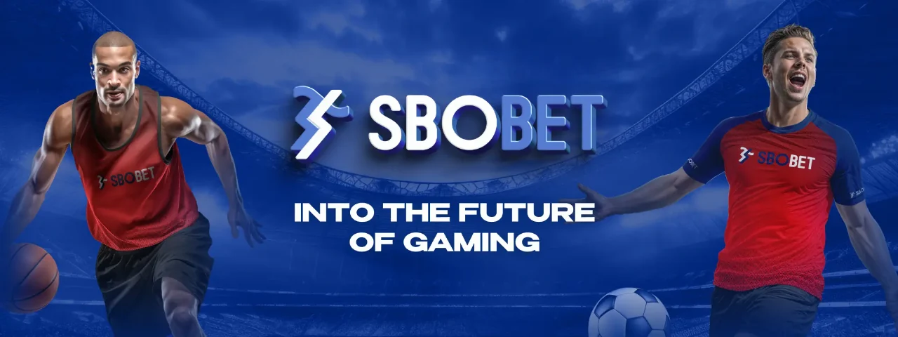 Two athletes in SBOBET gear, one with a basketball, the other with a soccer ball, in a stadium backdrop. Text reads "Into the Future of Gaming."