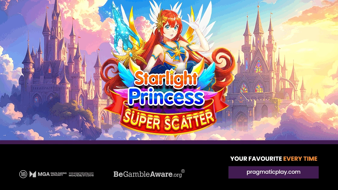 Fantasy character with red hair and wings amid clouds and castle, promoting "Starlight Princess Super Scatter" game, vibrant colors.