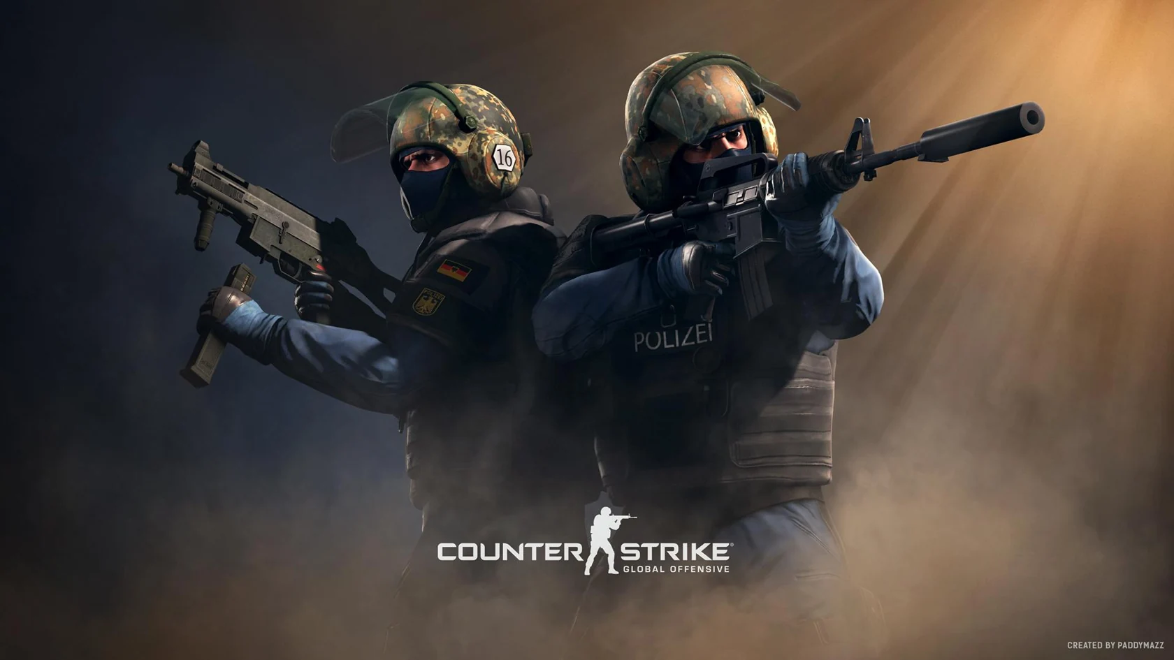 Two armed soldiers in tactical gear stand back-to-back, aiming rifles. Smoky background, light beams, "Counter-Strike: Global Offensive" text.