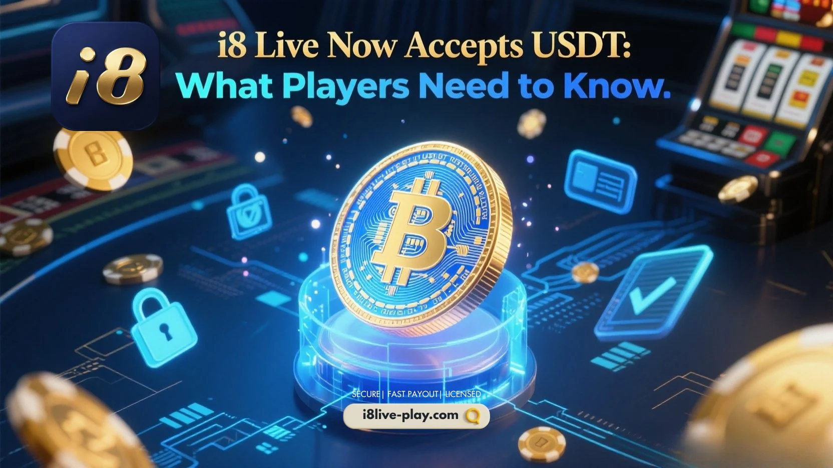 Digital ad for i8 Live accepting USDT. Features a Bitcoin symbol, glowing blue tech background, secure payment theme, and a website link.