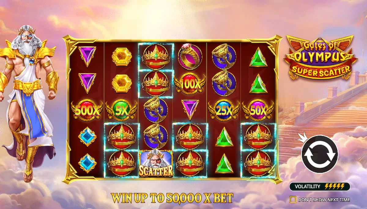 Slot machine game featuring a god-like figure on a cloud, vibrant jewels, crowns, and rings. "Gates of Olympus Super Scatter" logo.