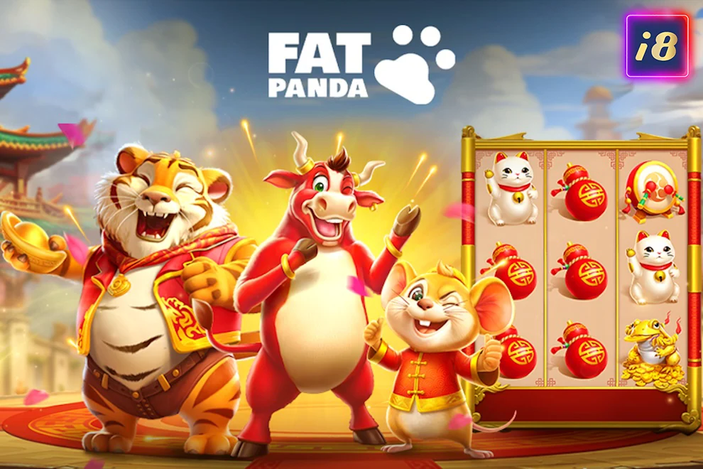 Tiger, ox, and mouse in festive attire smile beside a slot machine with symbols like cats and drums. Bright sky, text "FAT PANDA" above.