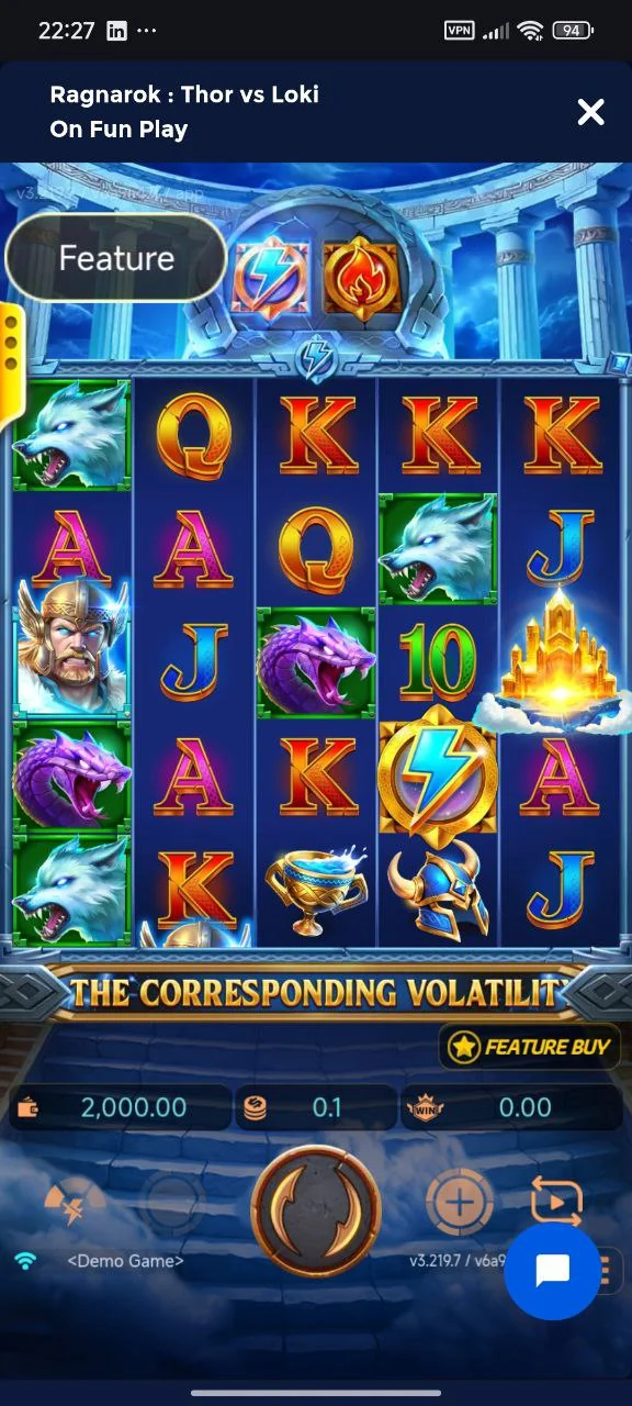 Slot game screen "Ragnarok: Thor vs Loki," with characters, symbols, and amounts. Blue background, features include wolves and lightning.