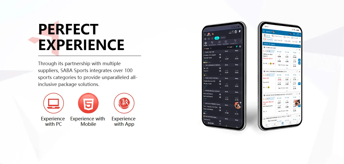 Two smartphones display sports apps. Left: dark theme, Right: light theme. Text says "PERFECT EXPERIENCE" with icons for PC, Mobile, App use.