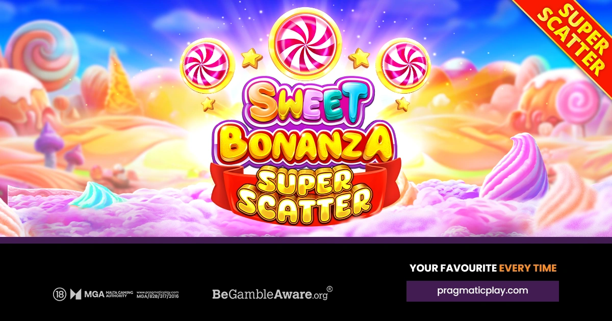 Colorful candy-themed landscape with "Sweet Bonanza Super Scatter" text, lollipops, stars, and clouds. Bright, playful mood.
