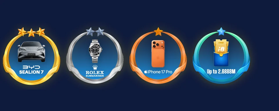 Four circular icons display a car, a watch, a phone, and a wallet, labeled as BYD SEALION 7, Rolex Submariner, iPhone 17 Pro, and Up to 2.6888M.