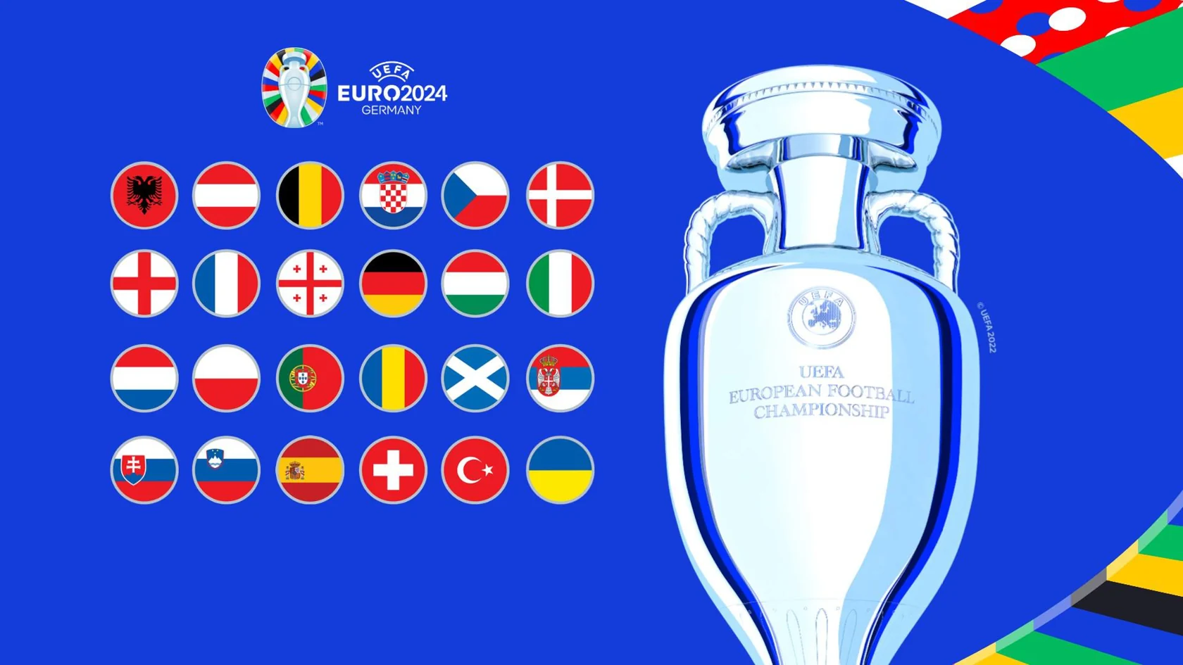 An EURO 2024 poster with Trophy and 24 countries flag