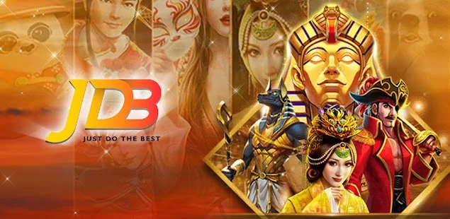 Colorful characters in vibrant attire stand against a mythical backdrop. Large gold pharaoh figure in center. Text reads "JDB Just Do The Best."