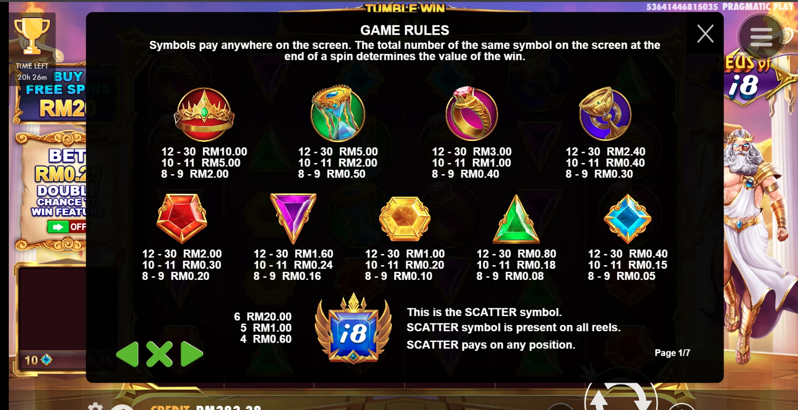 Tangkapan Layar Aturan Permainan "Zeus of i8 Live: Gates of Olympus"