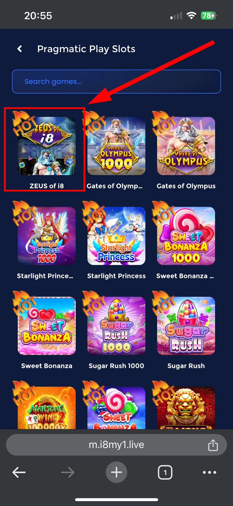 Screenshot Tutorial of how to locate "Zeus of i8 Live: Gates of Olympus" on i8 Live Home Page