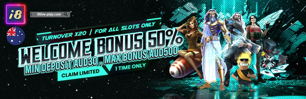 i8 Live Australia 50% welcome bonus banner