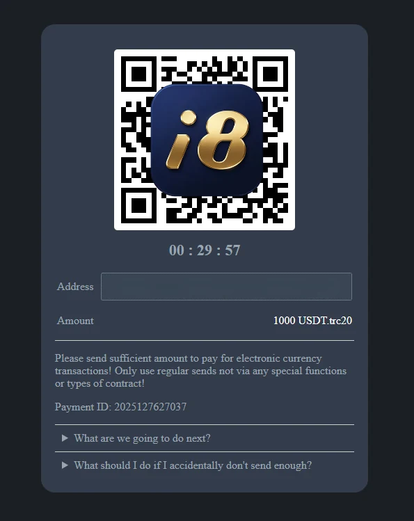 QR code with a timer, i8 logo, and instructions for a 1000 USDT.trc20 payment. Includes a payment ID and troubleshooting queries.
