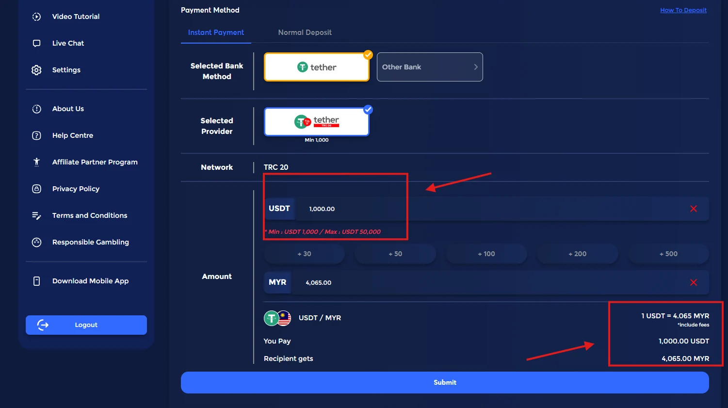 Payment interface showing Tether (USDT) transaction of 1,000 USDT using TRC 20 network. Sidebar with options, blue background.
