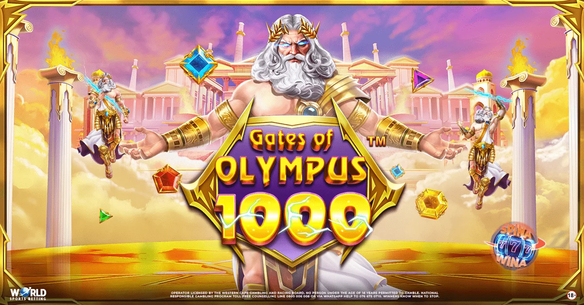 Zeus-like figure with lightning in a golden temple setting. Vibrant gems float around. Text reads "Gates of Olympus 1000." Mood: majestic.