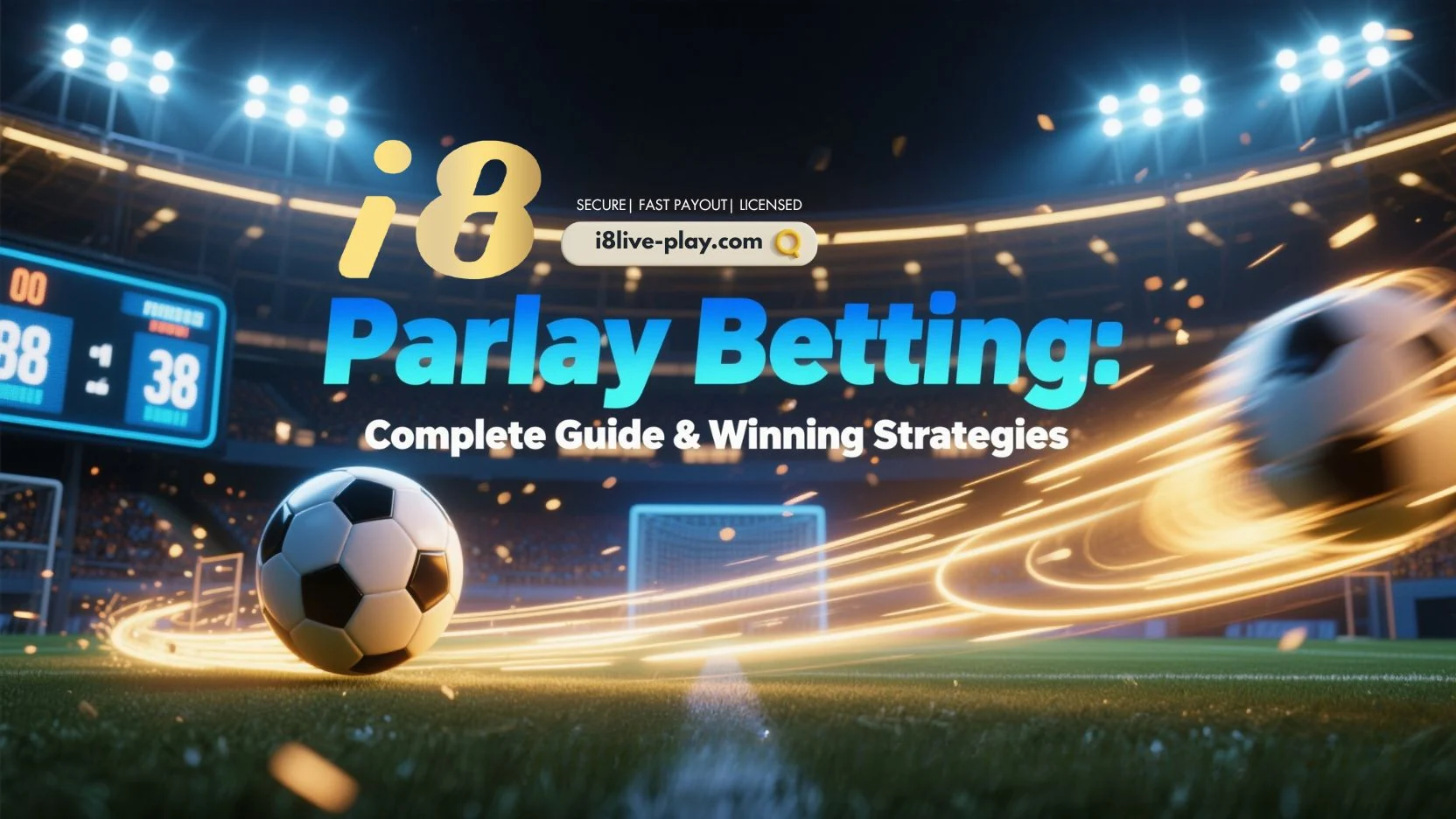 Soccer balls with motion trails on a lit stadium field. Text: "i8 Parlay Betting: Complete Guide & Winning Strategies." Scoreboards display 38-38.