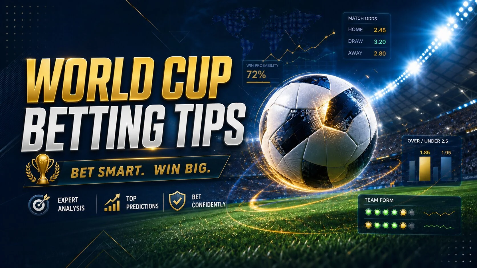 World Cup betting tips graphic with a soccer ball in a lit stadium, odds charts, and text: Bet Smart. Win Big.