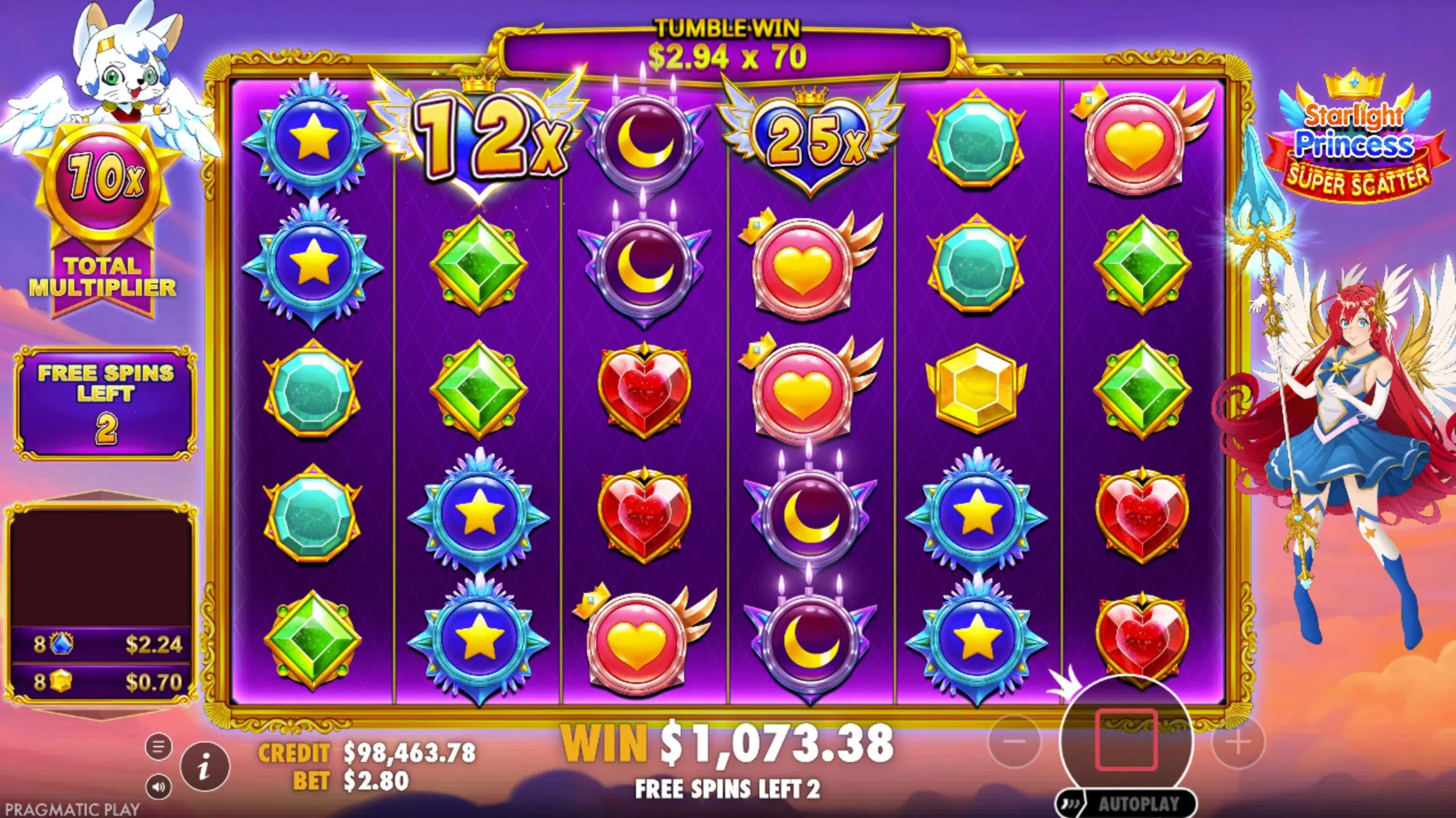 Colorful slot game screen with gem and heart symbols, a winged character, and text displaying a win of $1,073.38. Purple background.