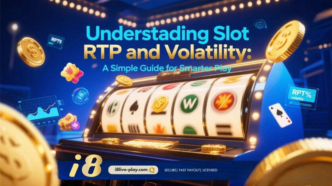 Slot machine with colorful symbols spins in a casino setting. Text: Understanding Slot RTP and Volatility. Gold coins and charts surround.