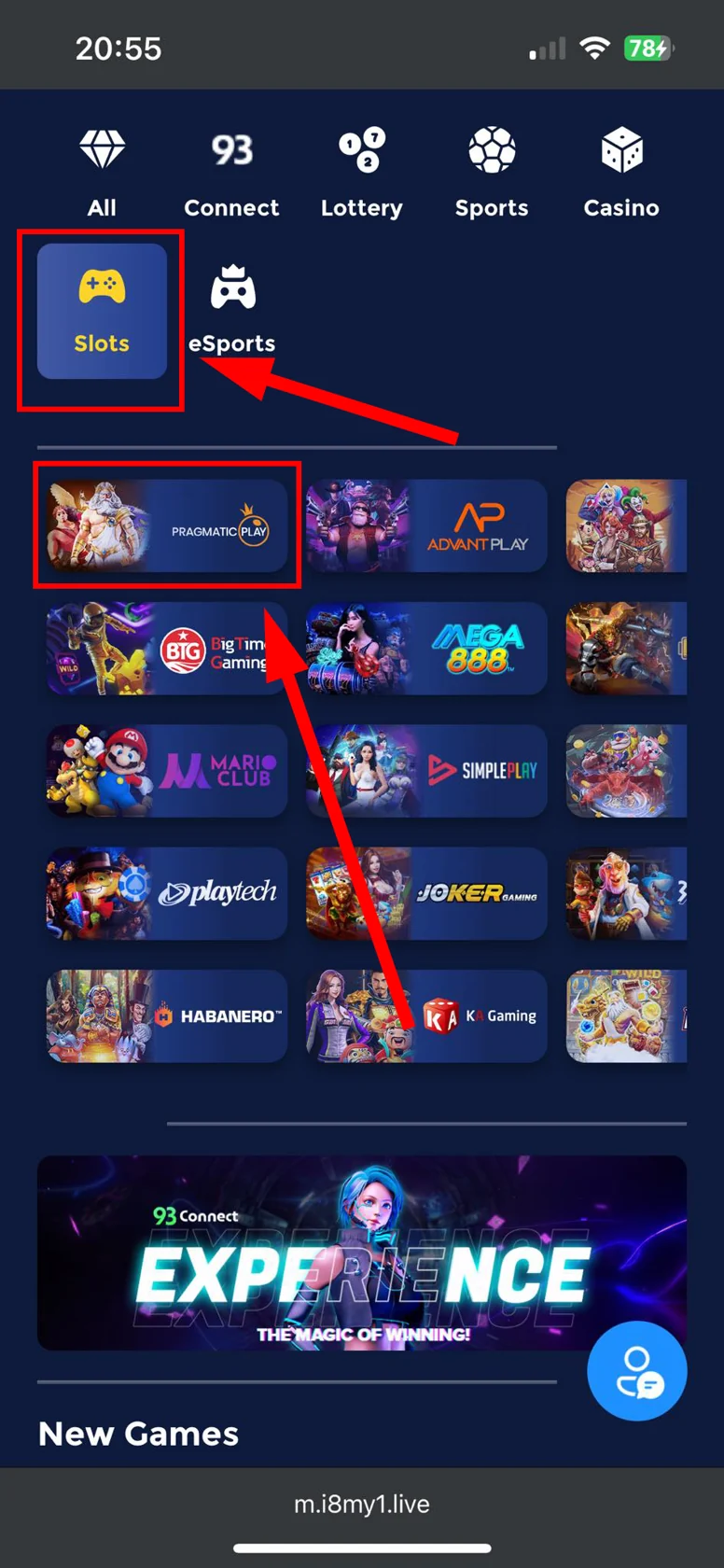 Screenshot Tutorial of how to locate "Zeus of i8 Live: Gates of Olympus" on i8 Live Home Page