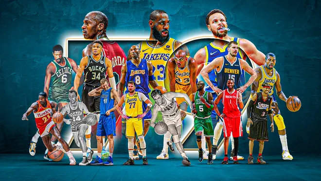 Basketball players in various team jerseys posed on a teal background with the number 75. Players show focused expressions, vibrant colors.