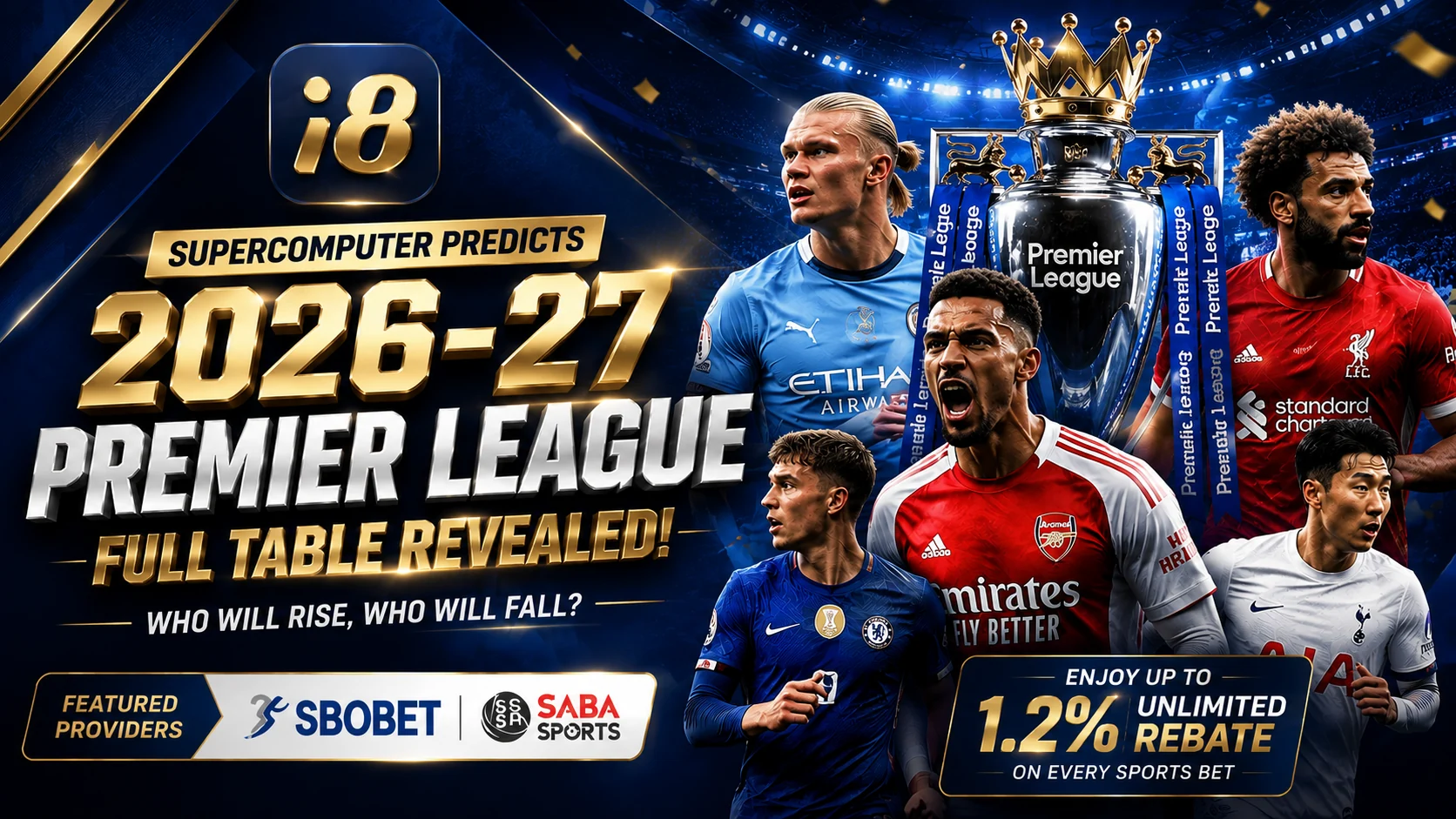 Premier League prediction graphic with trophy and footballers; text: Supercomputer Predicts 2026-27 Premier League Full Table Revealed