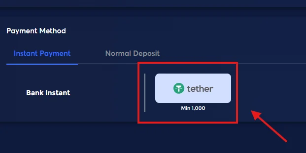 Payment method interface showing "Instant Payment" and "Normal Deposit" tabs. Tether logo with "Min 1,000" is highlighted.