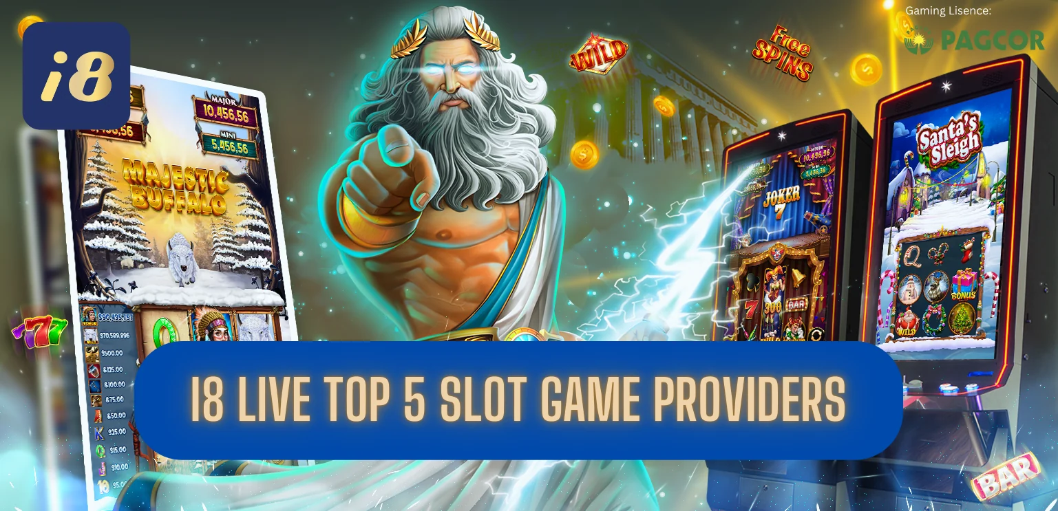 Zeus dan 2 Mesin Slot dengan Logo i8 Live Indonesia dan Judul Blog Post