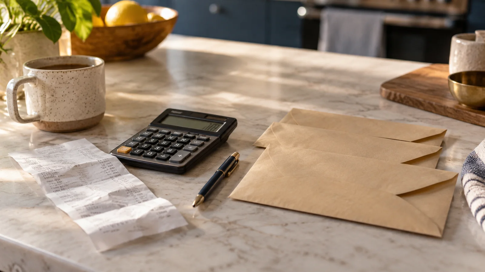 Photograph of a paper receipt and calculator with three plain envelopes on an Australian kitchen bench in warm daylight, created as an editorial illustration.