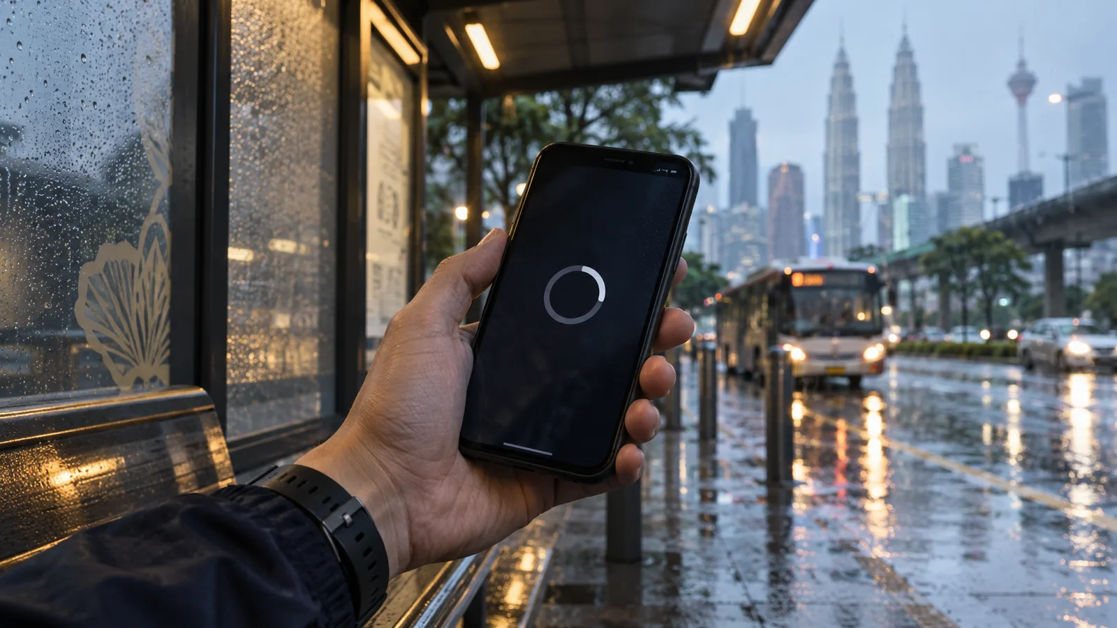 Close-up photograph of an adult hand holding a phone showing an abstract loading ring at a rainy covered bus stop in Kuala Lumpur, created as an editorial illustration.