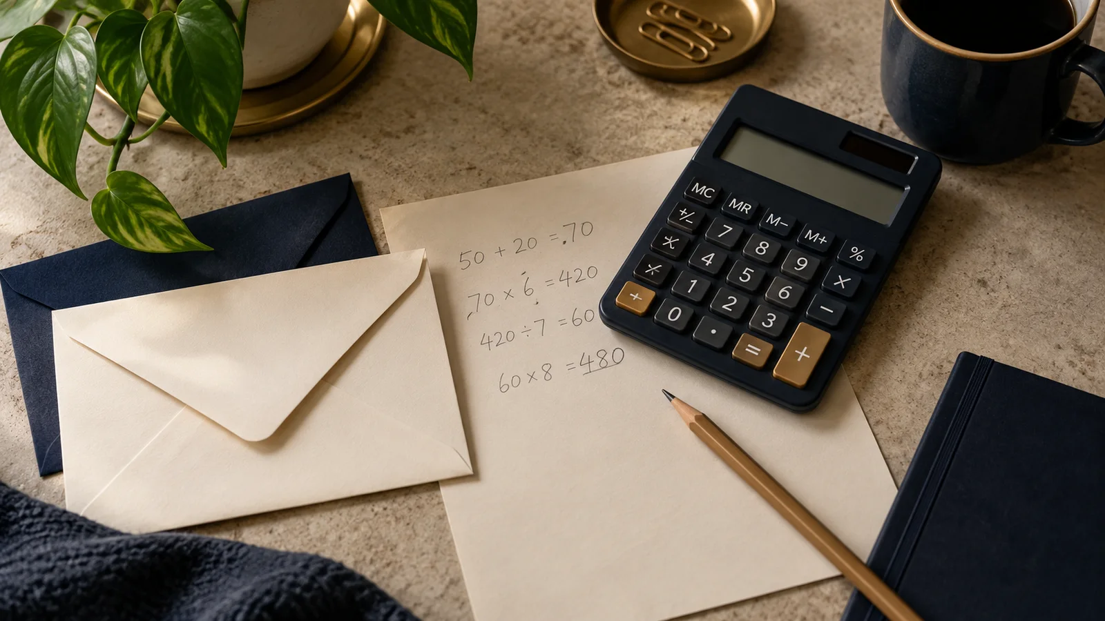 Top-down photograph of a calculator, two plain envelopes and pencil calculations on cream paper with no legible text, with a small green plant in the corner, produced as an editorial illustration.