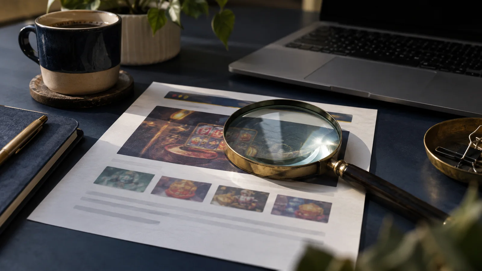 Editorial still-life photograph of a magnifying glass over an abstract printed website screenshot, with a modest laptop on a navy desk, produced as an illustration rather than documentary evidence.