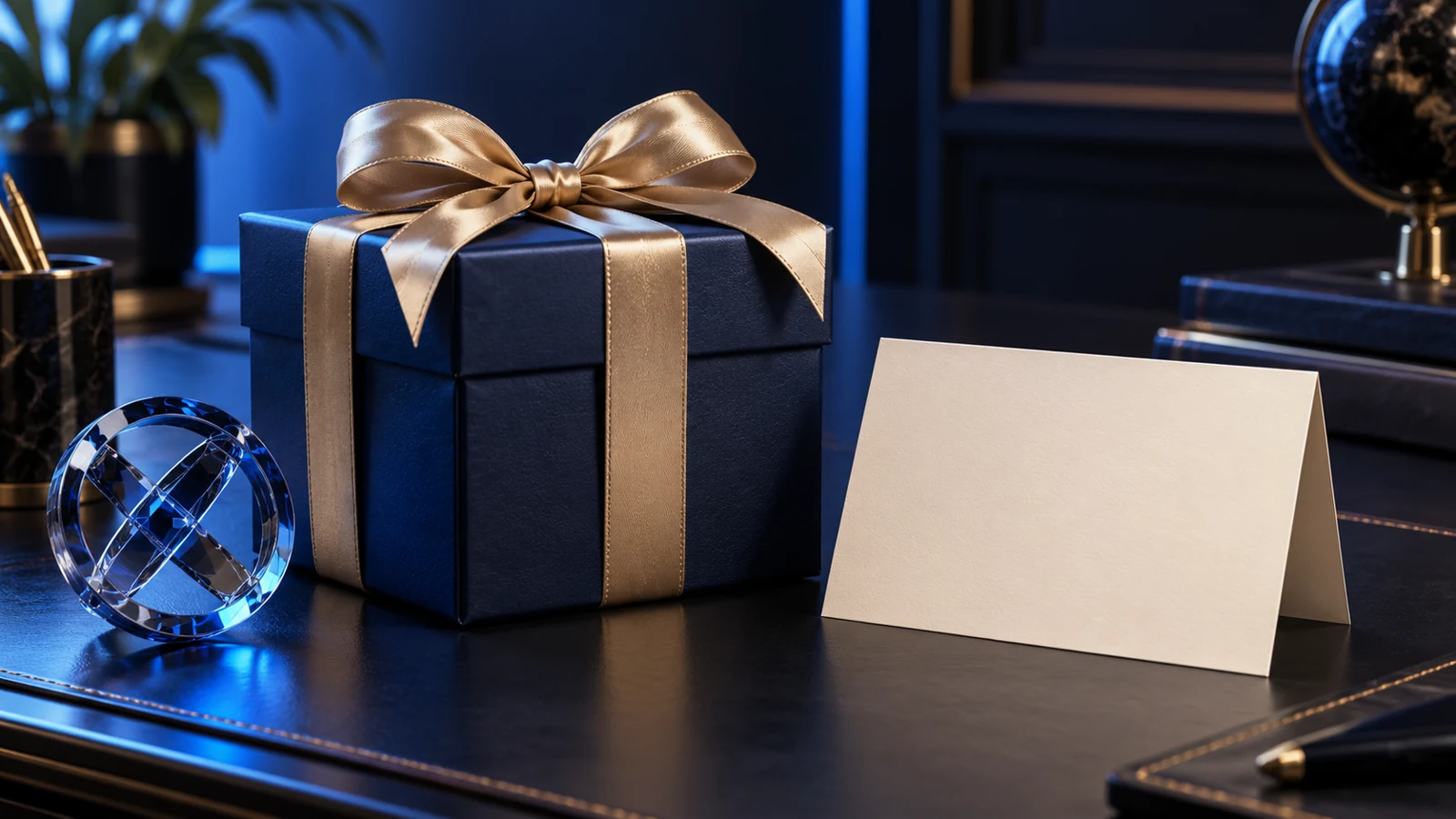 Navy gift box with a gold ribbon, an illustration of platform activities