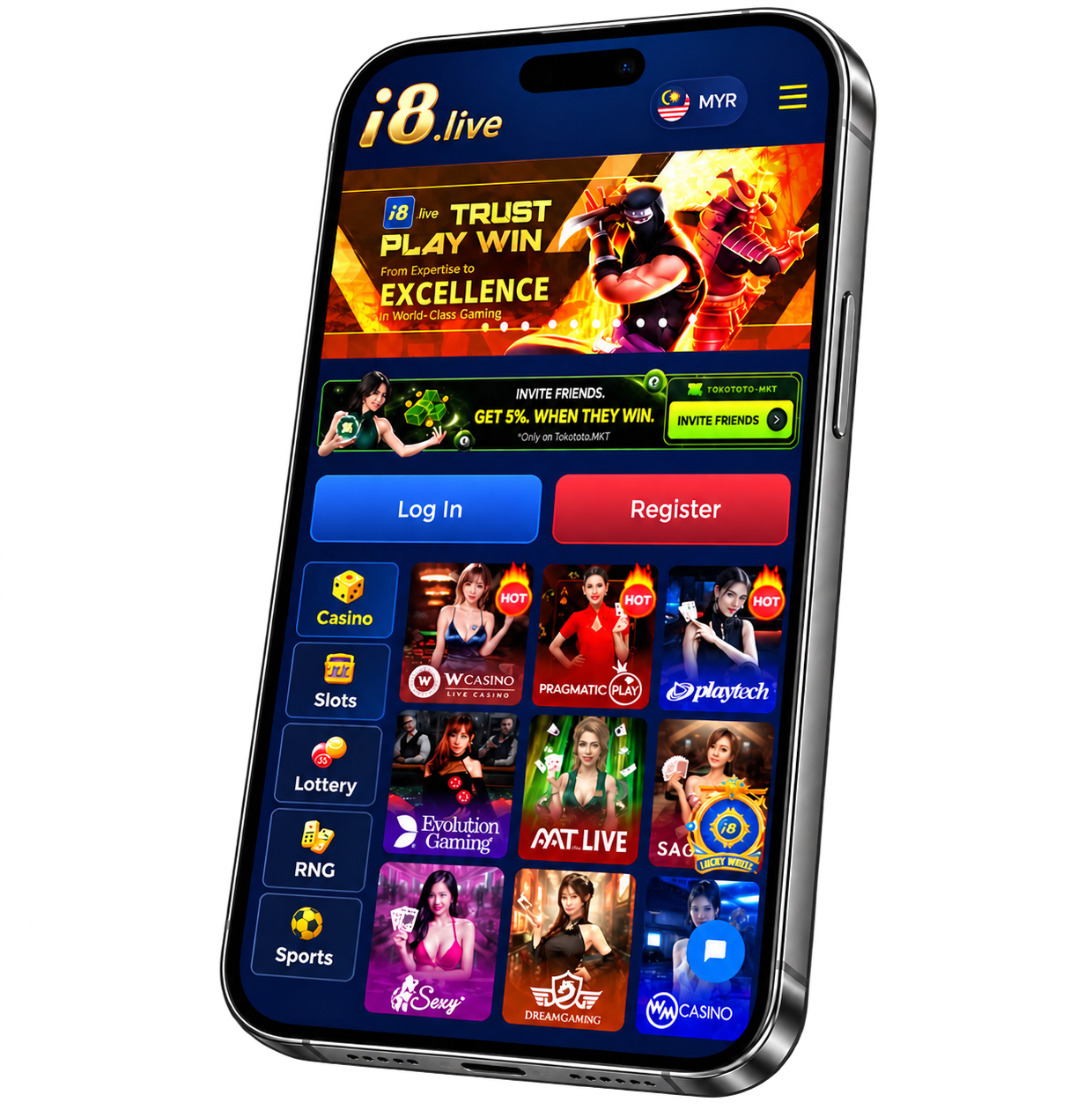 i8 Live mobile platform interface shown on a smartphone